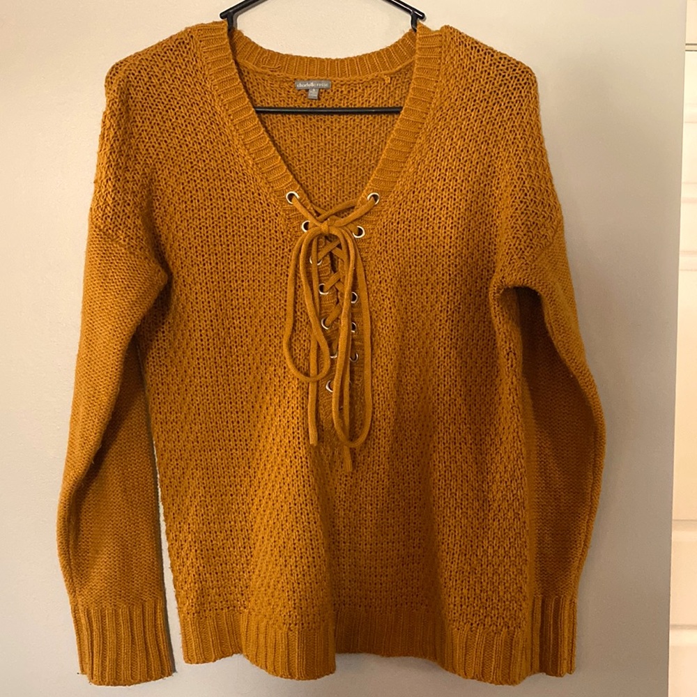 Mustard Charlotte Russe Sweater, with Crisscross Ties in Front - Size S.
